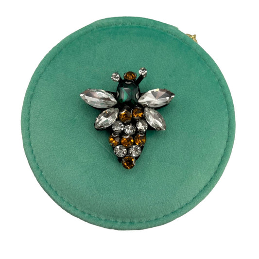 Jewellery travel pot in marine with a queen bee brooch - recycled velvet