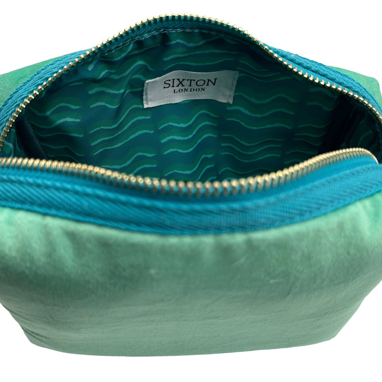 Marine make-up bag & mint shell brooch - recycled velvet, large and small