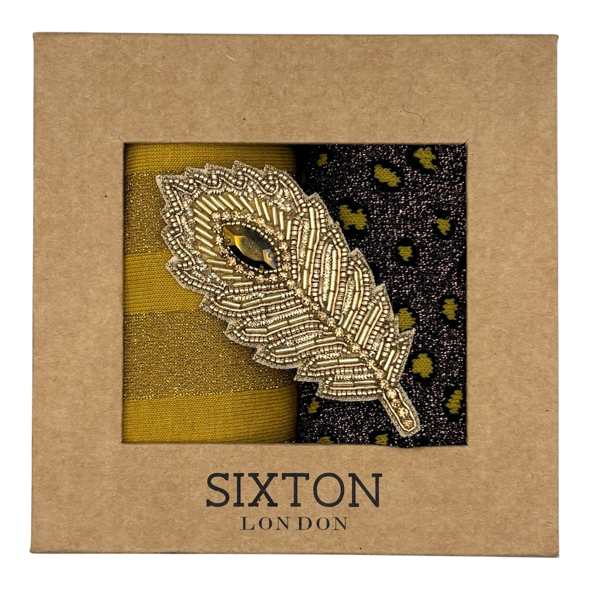 Mustard Berlin & Cheetah sock box duo with brooch