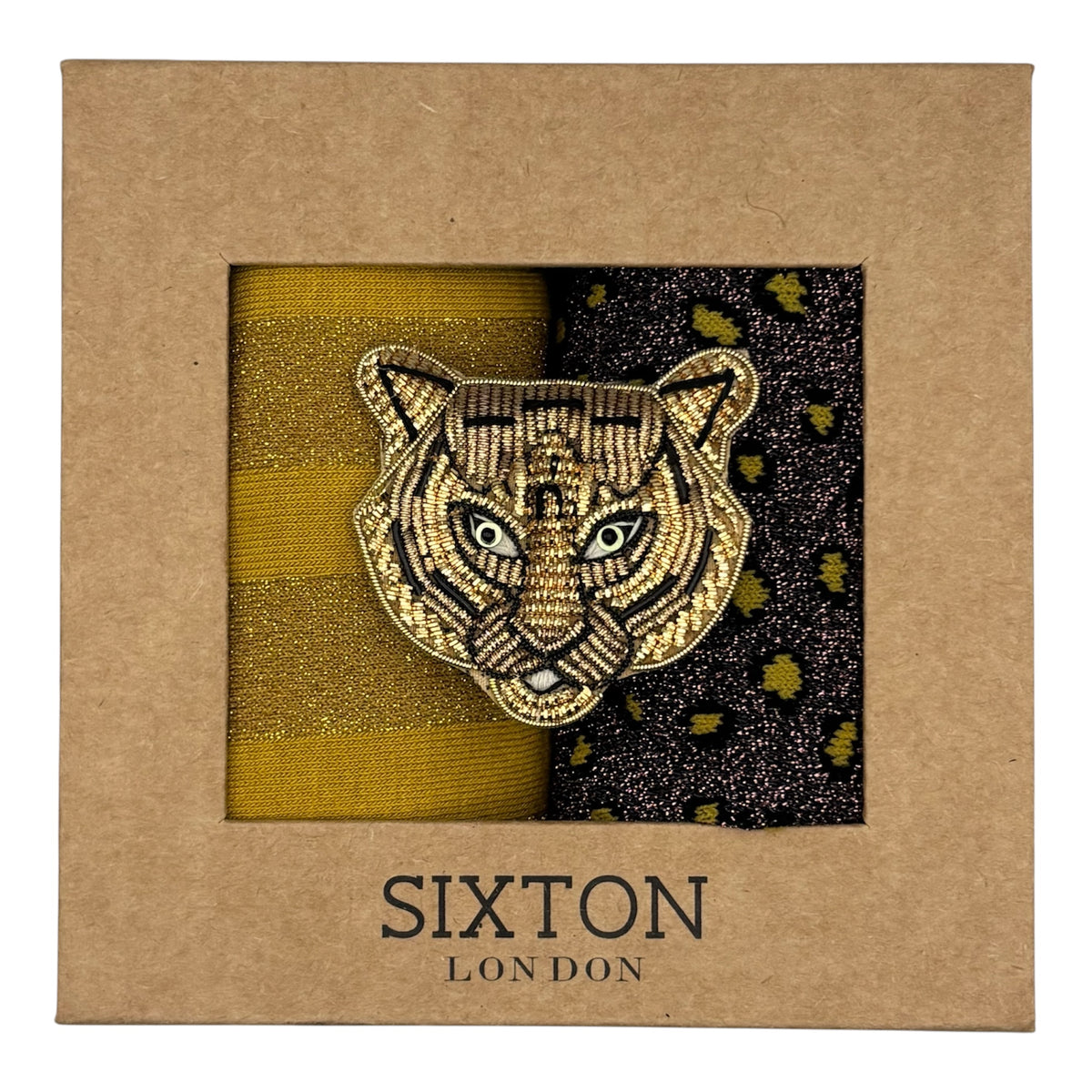Mustard Berlin & Cheetah sock box duo with brooch