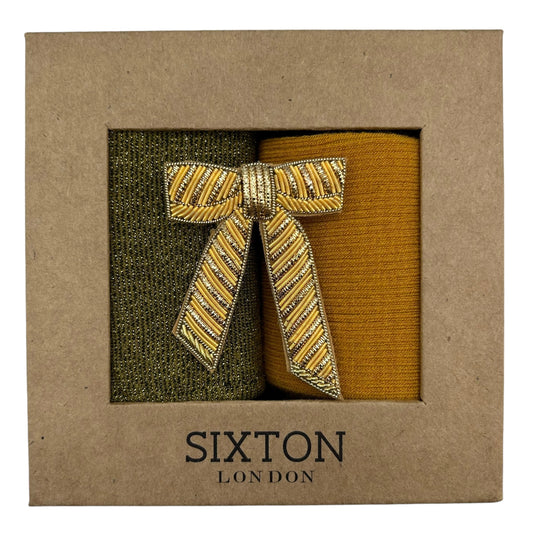 Olive Tokyo & Barcelona Mustard sock box duo with pin