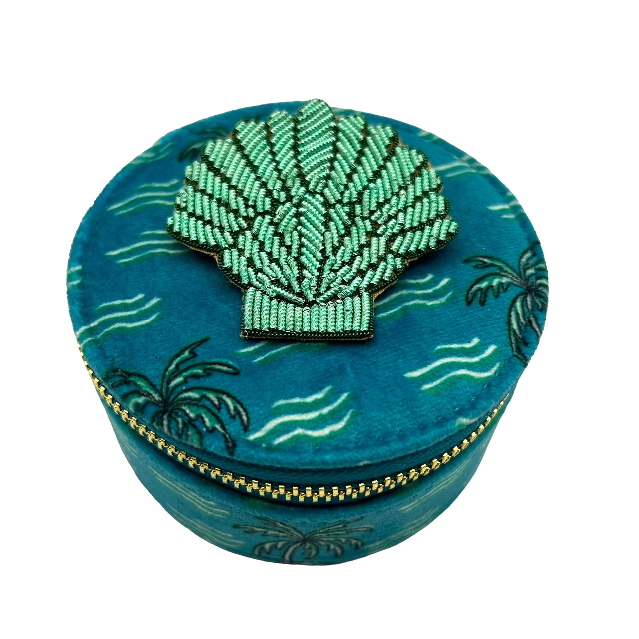 Jewellery travel pot in teal palm print with mint shell brooch