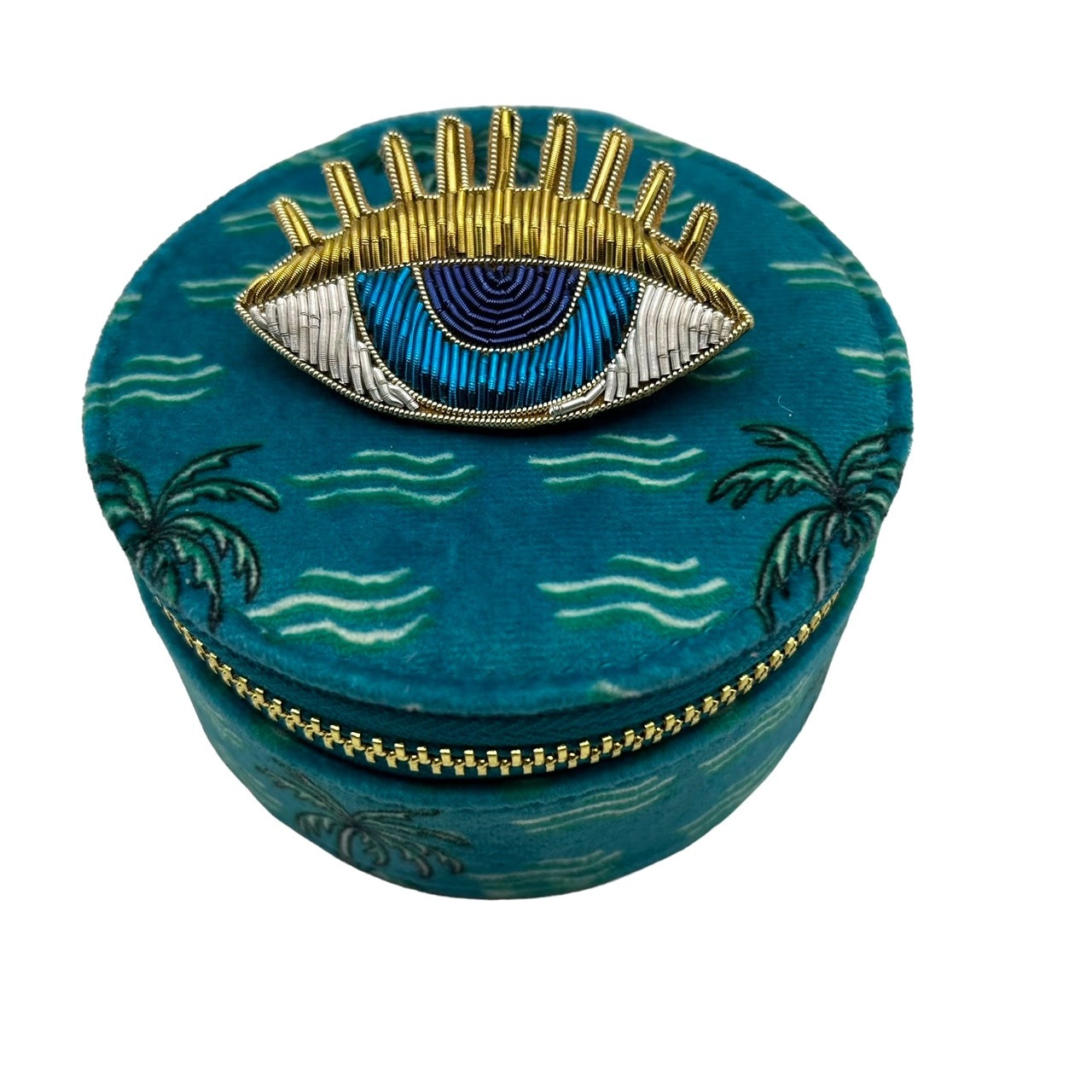 Jewellery travel pot in teal palm print with gold lashes brooch