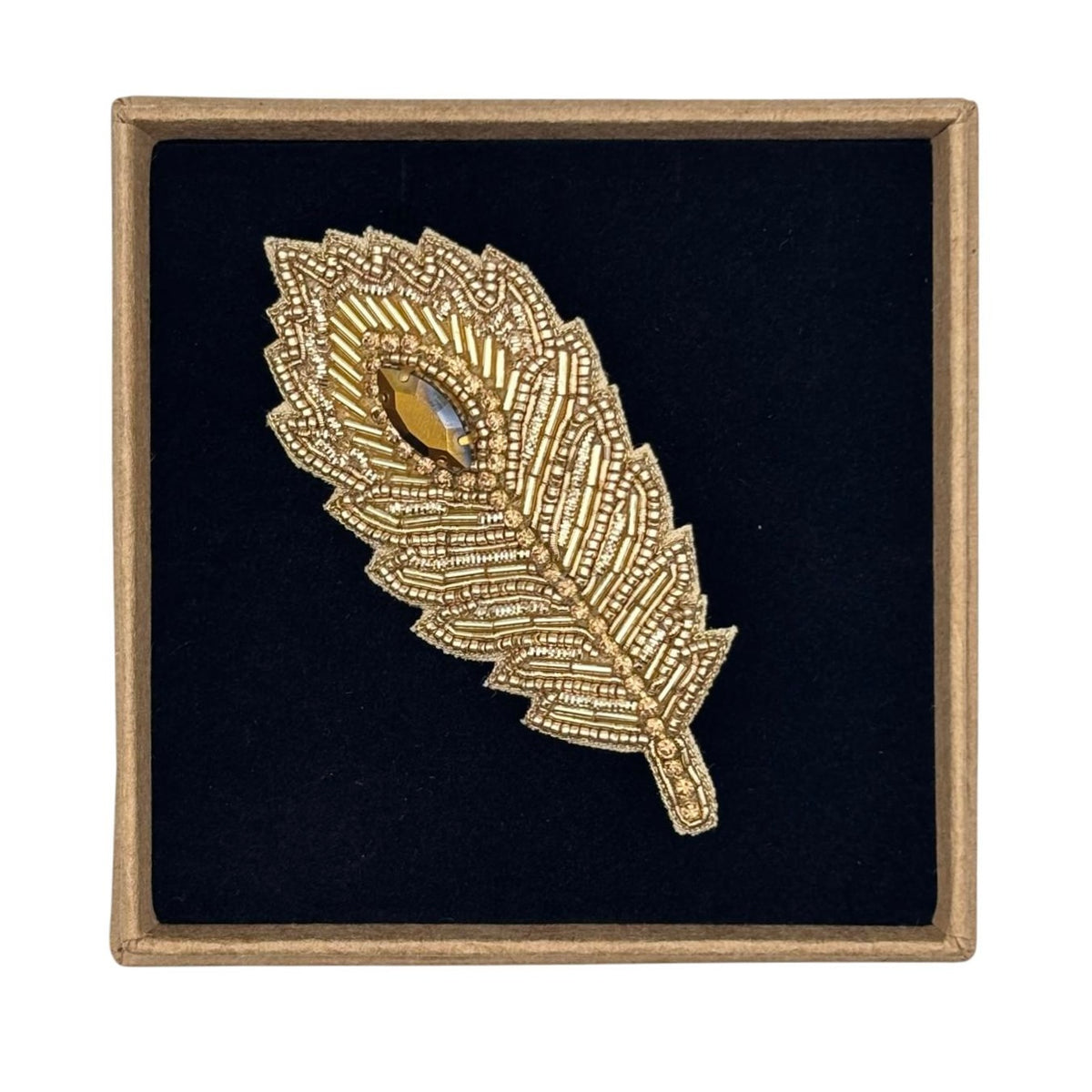 Gold Peacock Feather embroidered brooch / pin