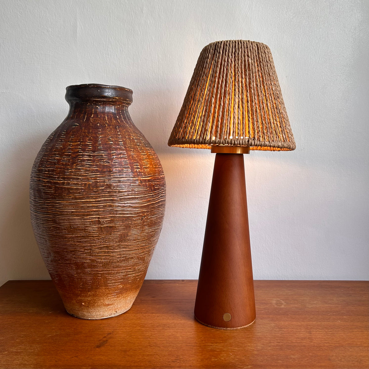 Smooth Teak style rechargeable touch lamp with small rope cone shade