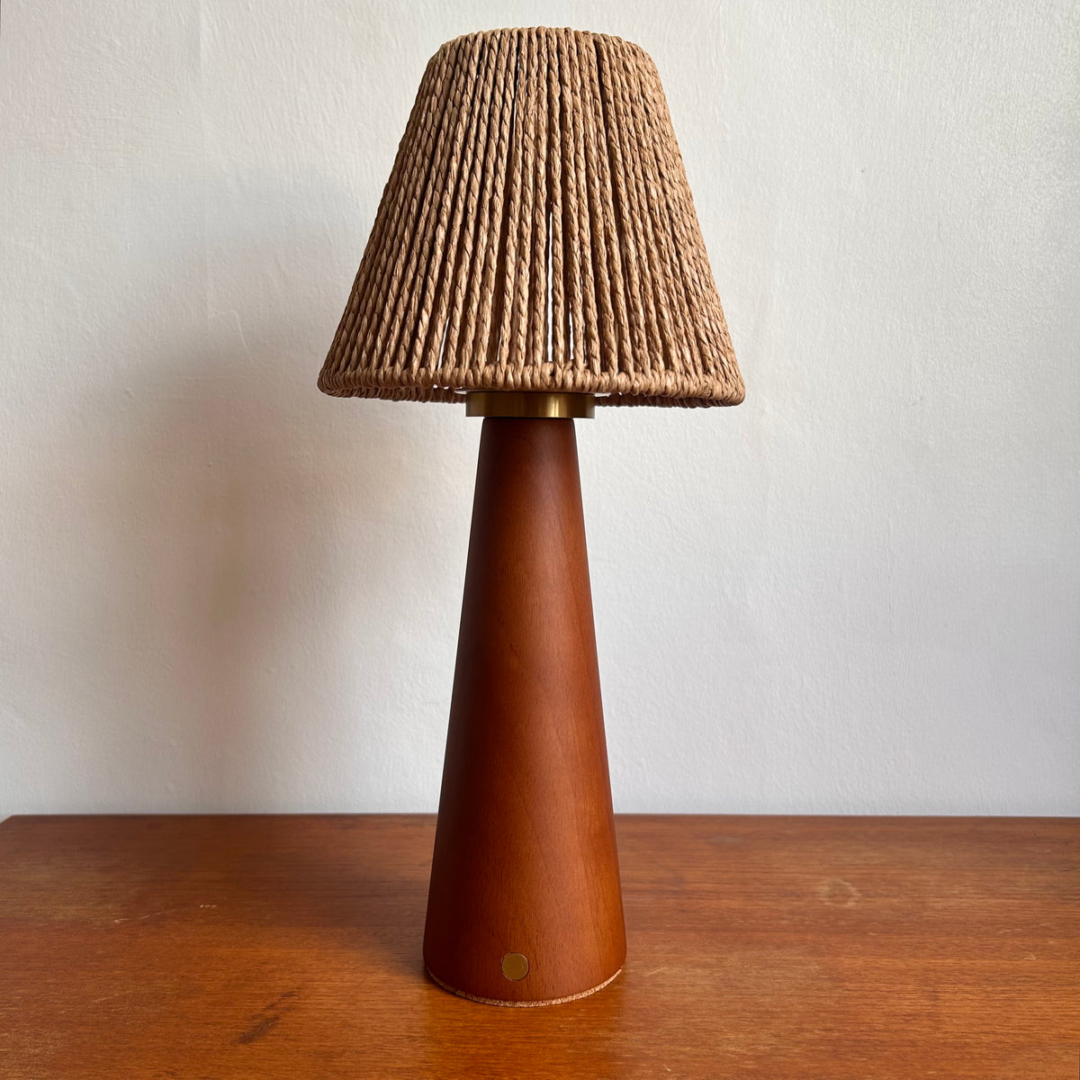 Smooth Teak style rechargeable touch lamp with small rope cone shade