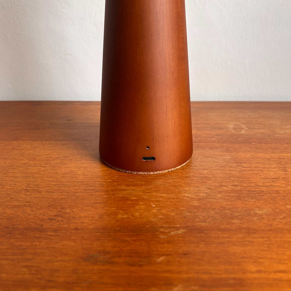 Smooth Teak style rechargeable touch lamp with small rope cone shade