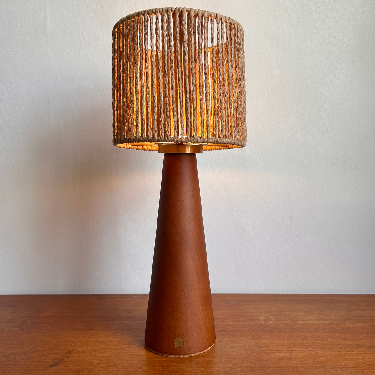Smooth Teak style rechargeable touch lamp with small rope drum shade