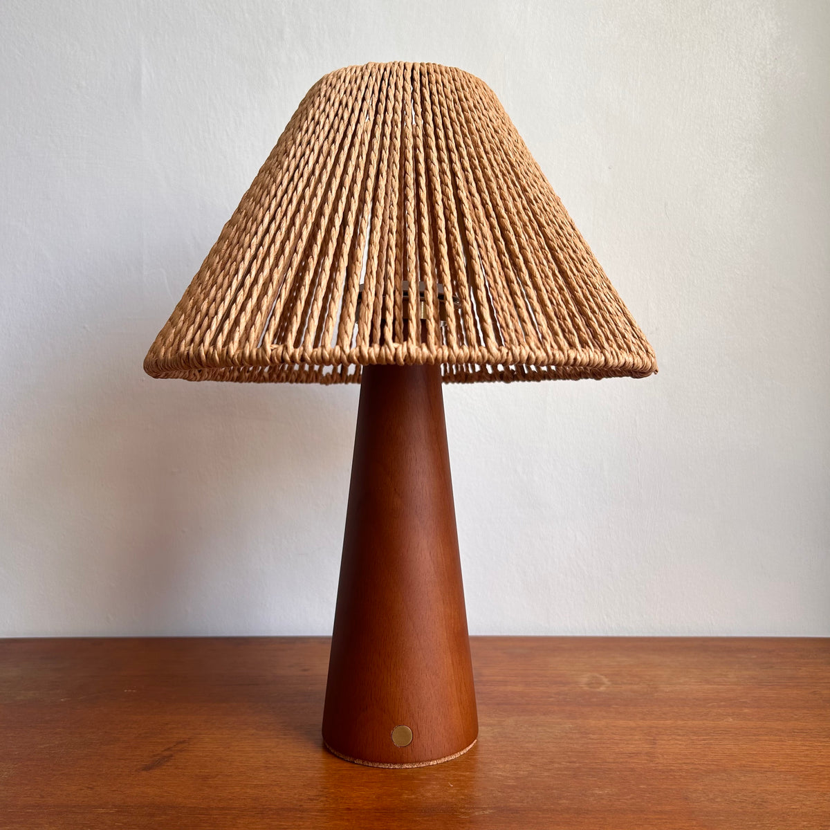 Smooth Teak style rechargeable touch lamp with rope shade