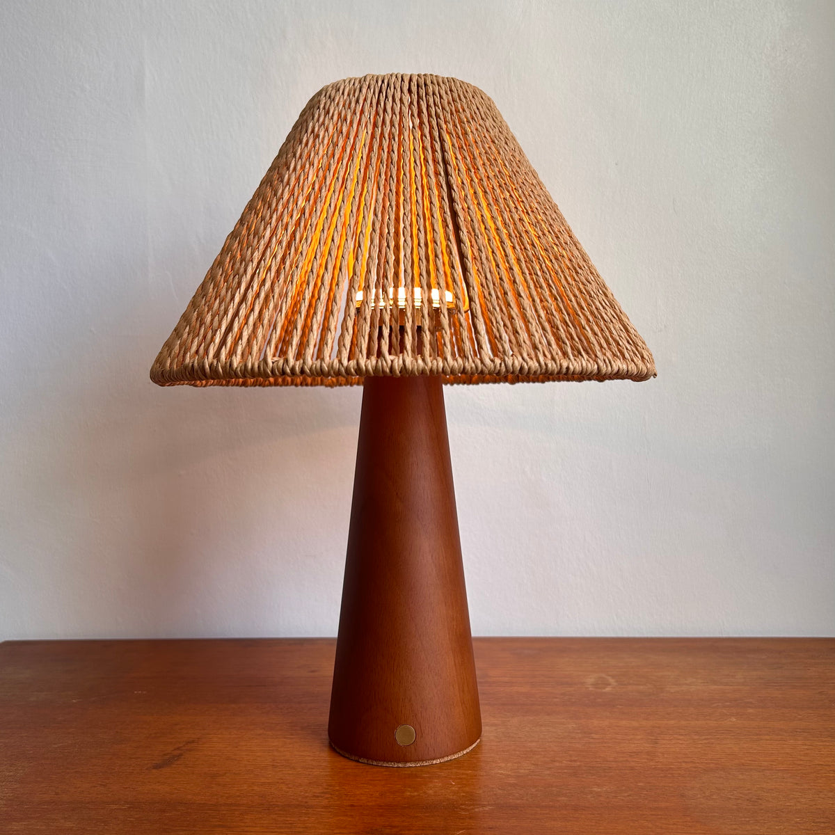 Smooth Teak style rechargeable touch lamp with rope shade
