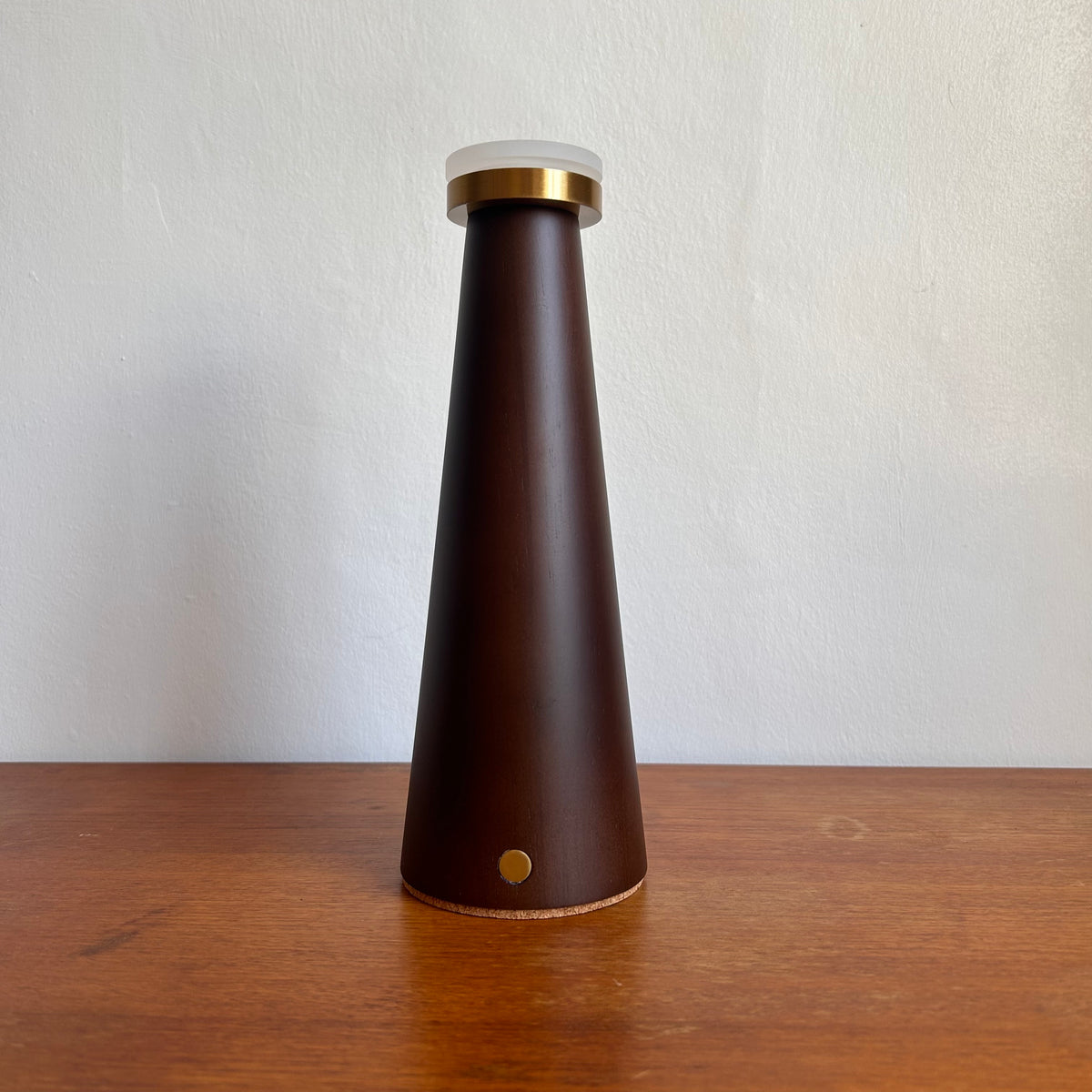 Smooth Walnut style rechargeable touch lamp with small rope cone shade