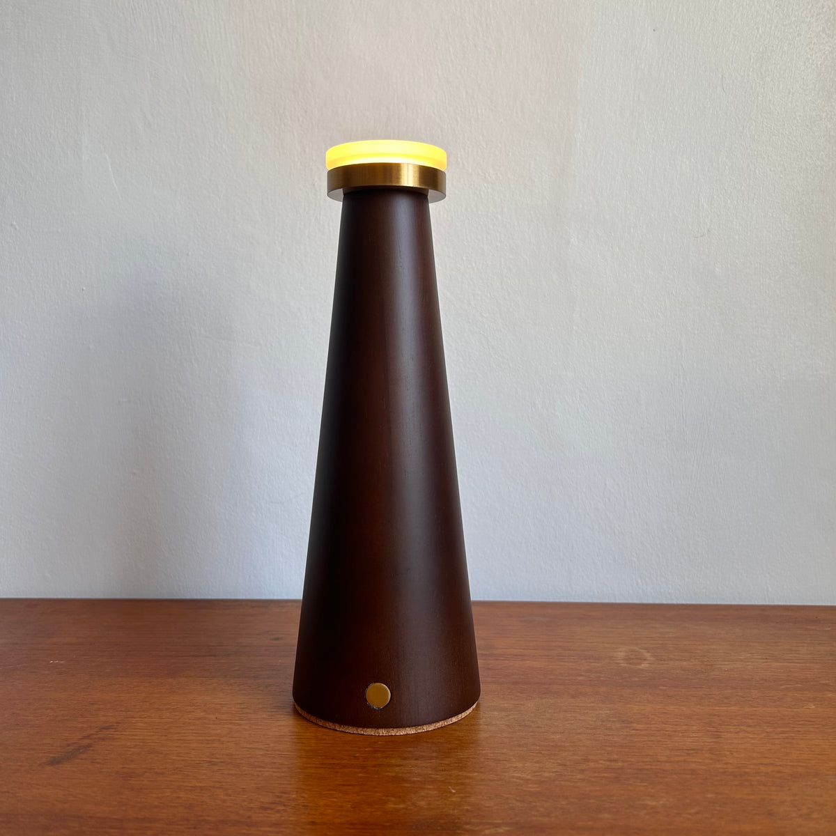 Smooth Walnut style rechargeable touch lamp with small rope cone shade