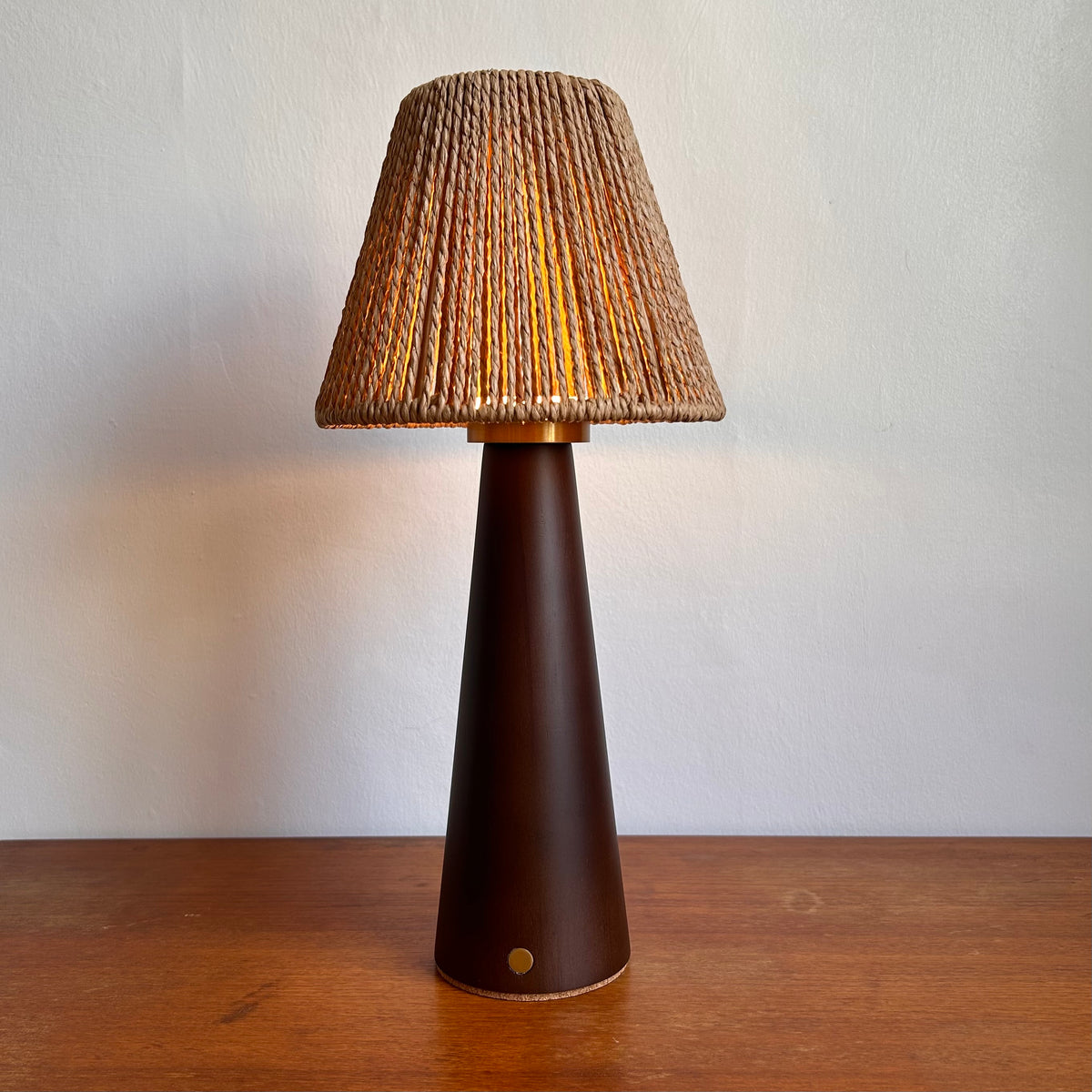 Smooth Walnut style rechargeable touch lamp with small rope cone shade