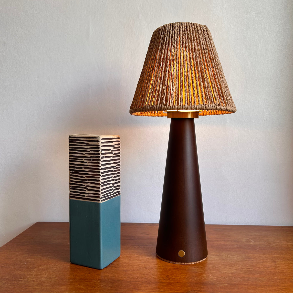 Smooth Walnut style rechargeable touch lamp with small rope cone shade