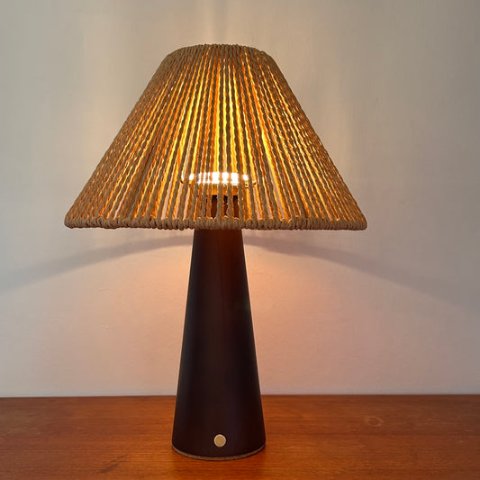 Large Smooth Walnut style rechargeable touch lamp with rope shade