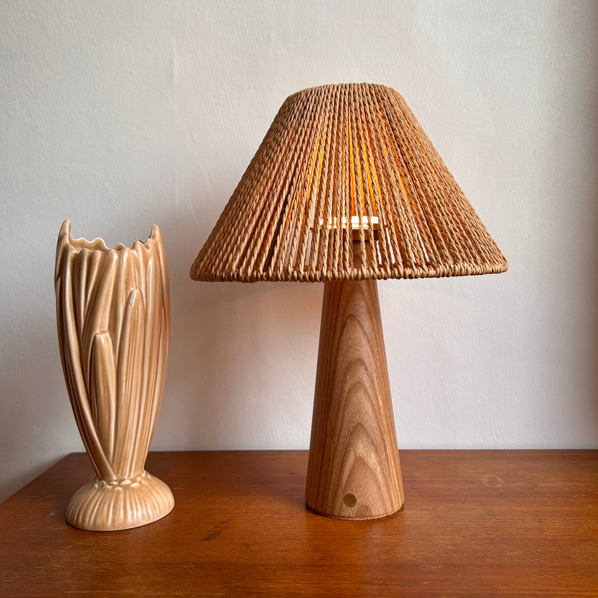 Smooth Beech style rechargeable touch lamp with rope shade