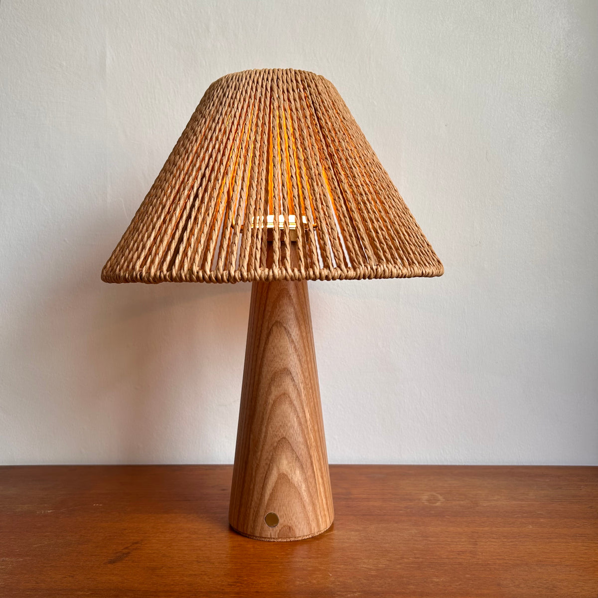 Smooth Beech style rechargeable touch lamp with rope shade