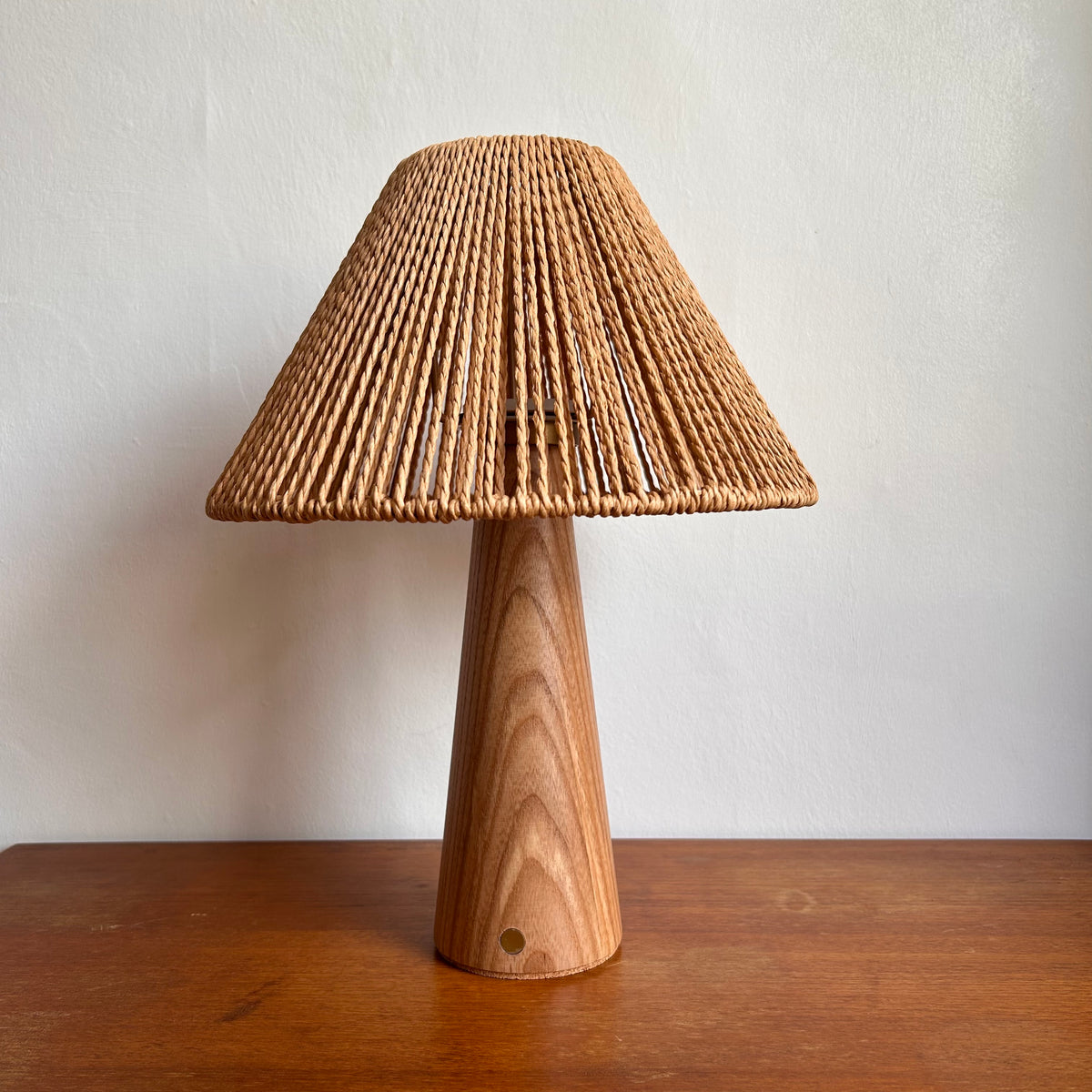 Smooth Beech style rechargeable touch lamp with rope shade