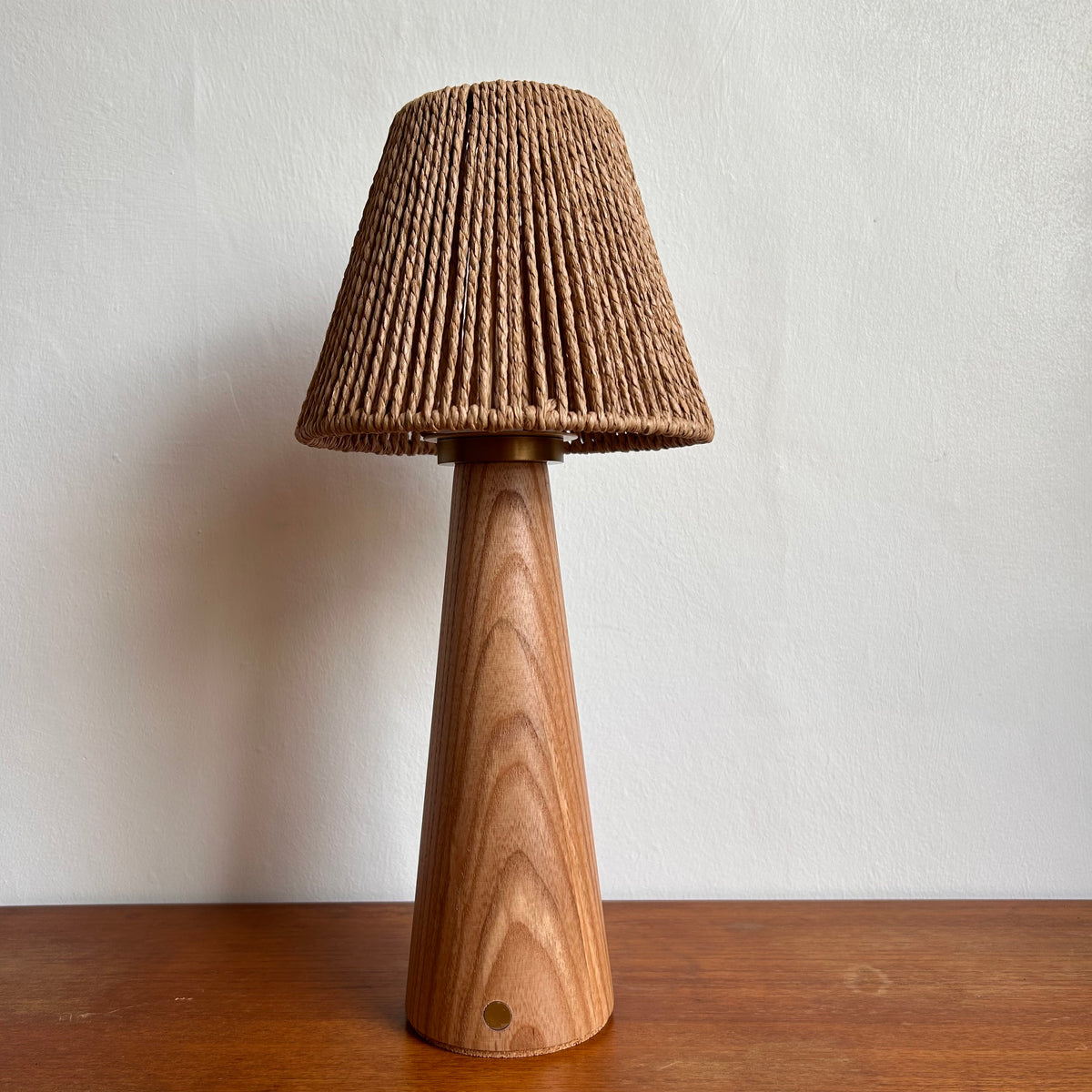 Smooth Beech style rechargeable touch lamp with small rope cone shade