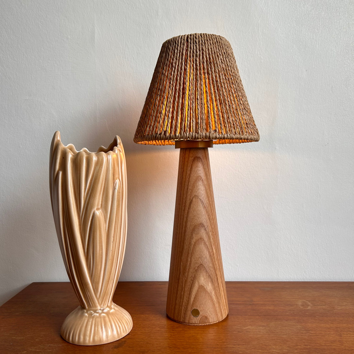 Smooth Beech style rechargeable touch lamp with small rope cone shade
