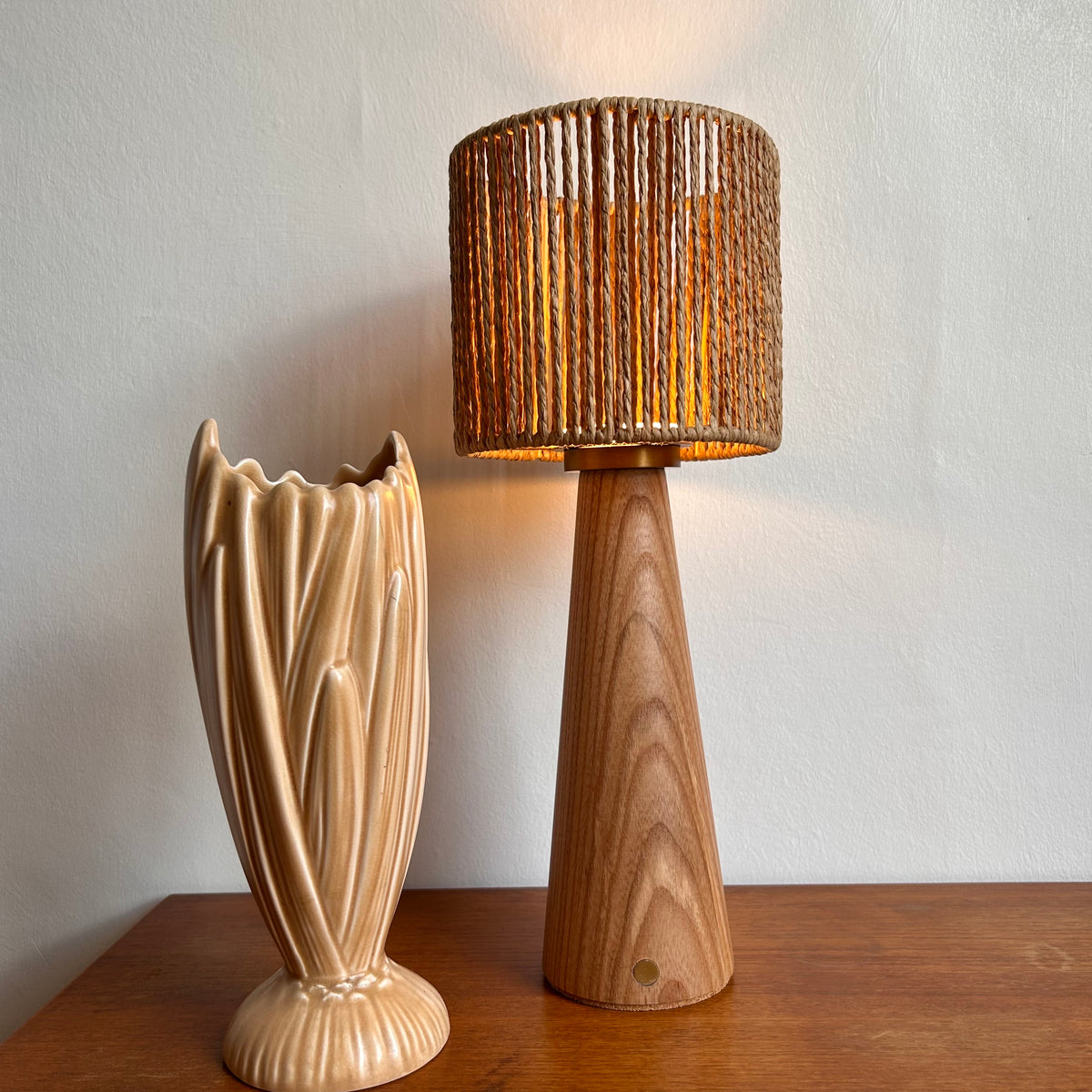 Smooth Beech style rechargeable touch lamp with small rope drum shade