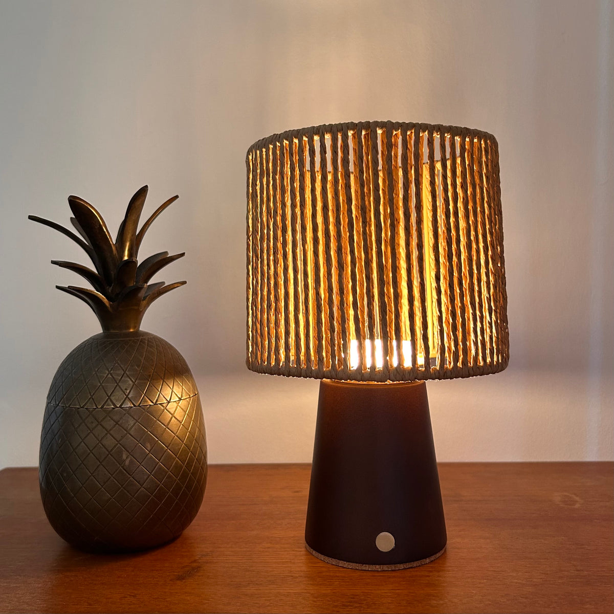 Small Smooth Walnut rechargeable touch lamp with Drum Rope shade