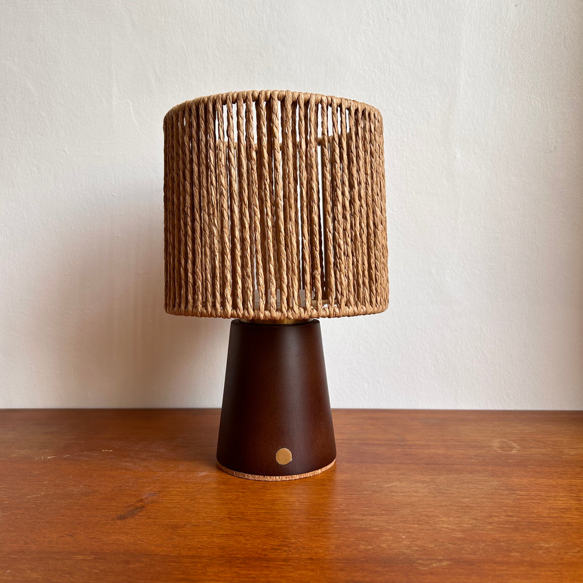 Small Smooth Walnut rechargeable touch lamp with Drum Rope shade