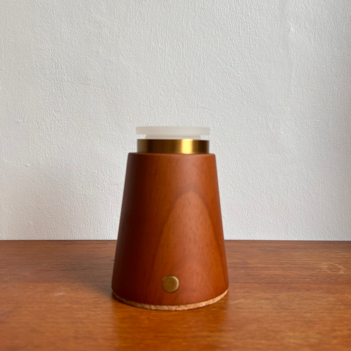 Small Smooth Teak rechargeable touch lamp with cone rope shade