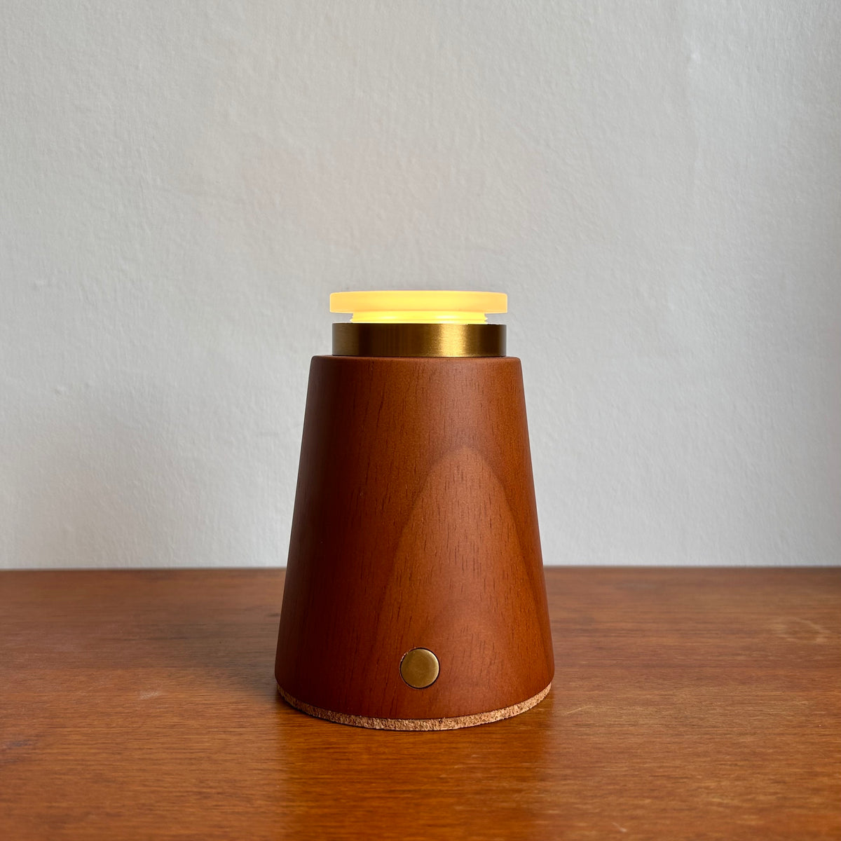 Small Smooth Teak rechargeable touch lamp with cone rope shade