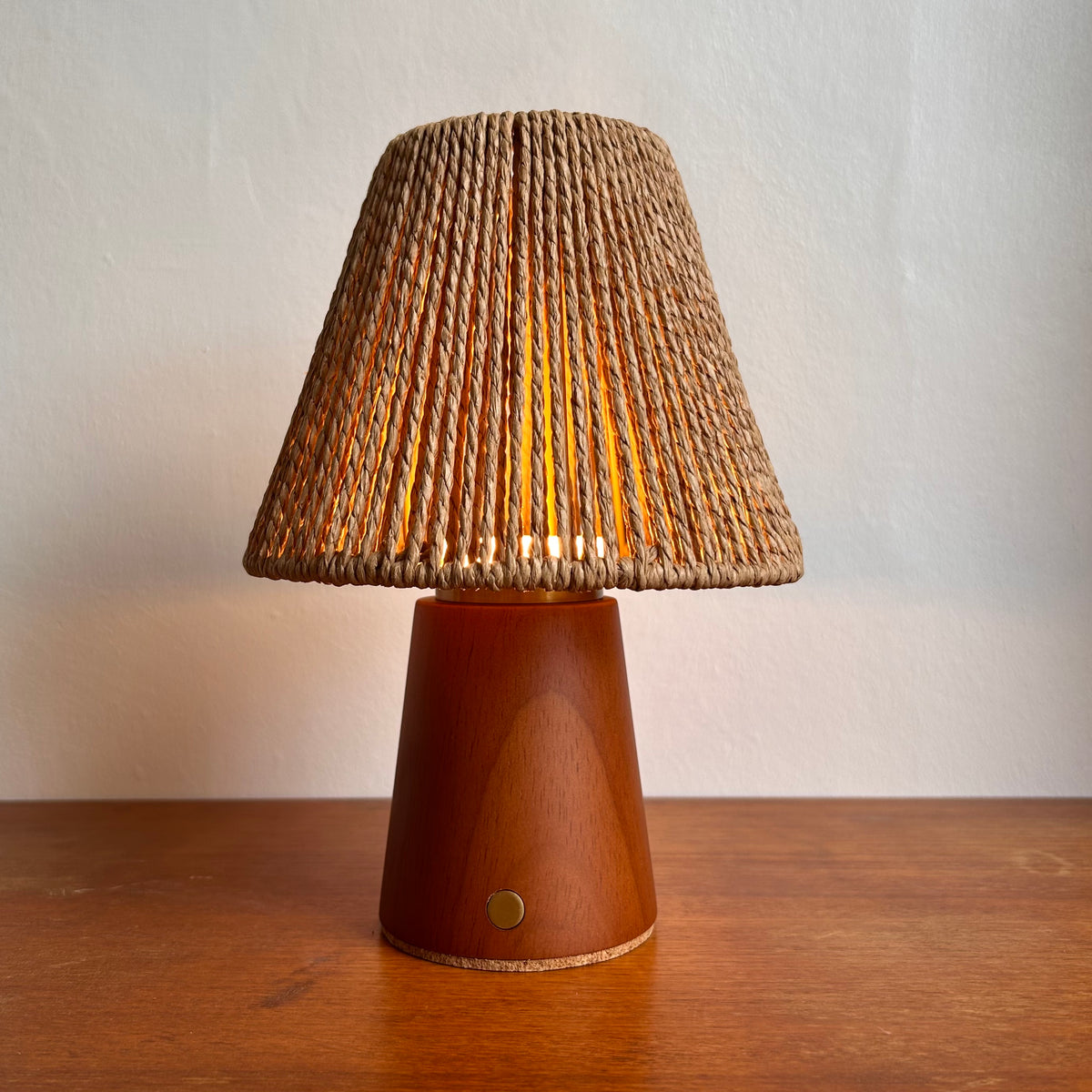 Small Smooth Teak rechargeable touch lamp with cone rope shade
