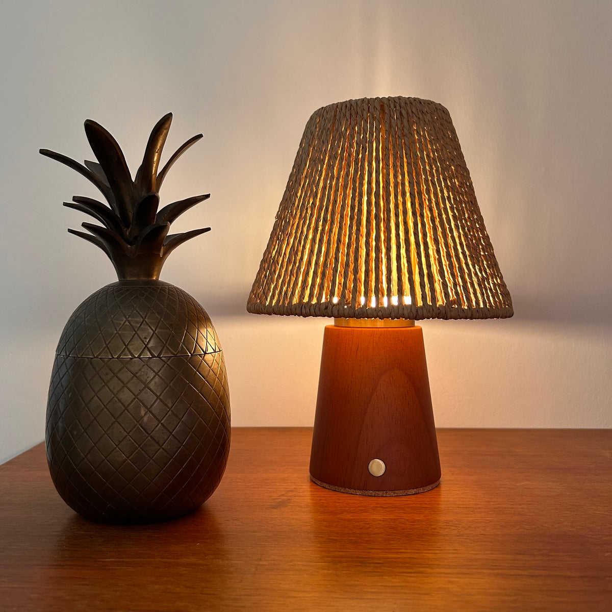 Small Smooth Teak rechargeable touch lamp with cone rope shade