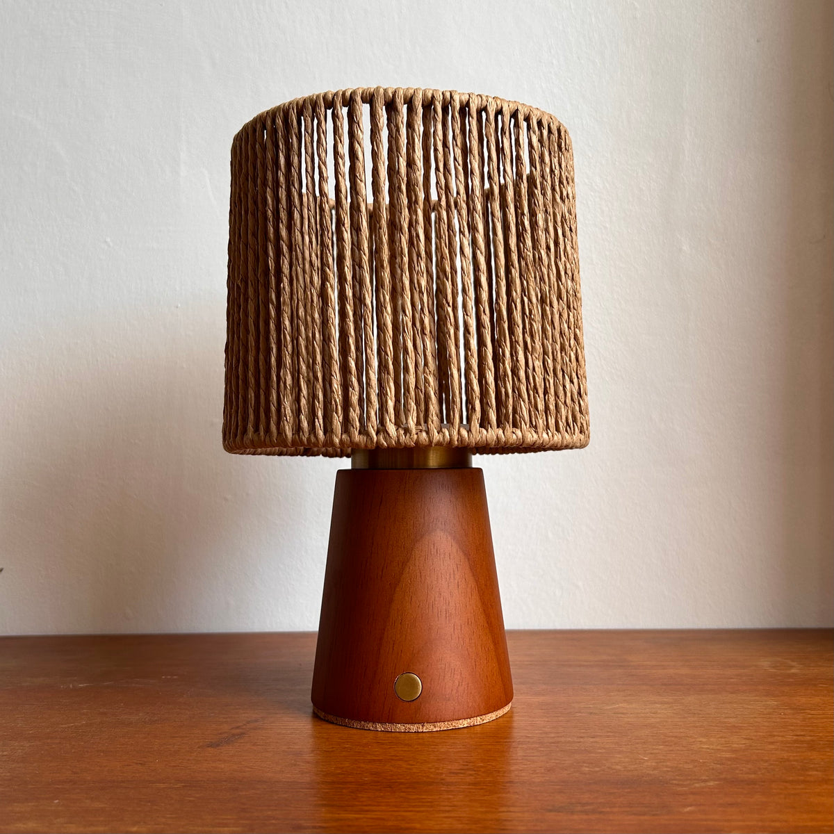 Small Smooth Teak rechargeable touch lamp Drum Rope shade