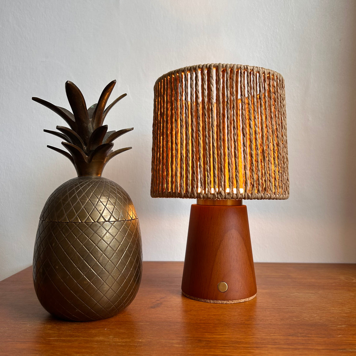 Small Smooth Teak rechargeable touch lamp Drum Rope shade
