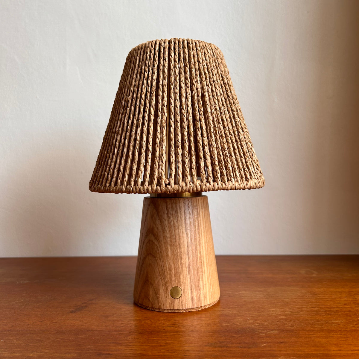 Small Smooth Beech rechargeable touch lamp with cone rope shade