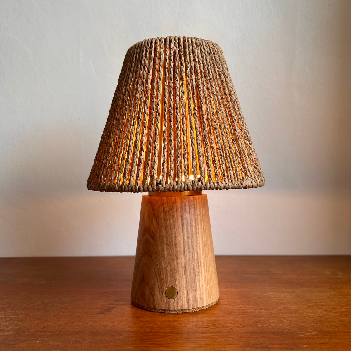Small Smooth Beech rechargeable touch lamp with cone rope shade