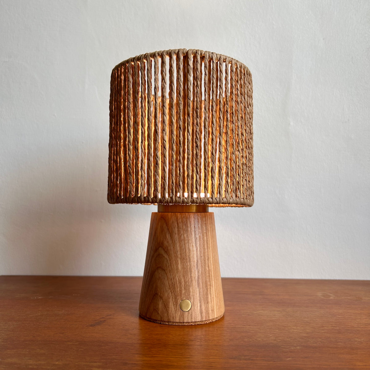 Small Smooth Beech rechargeable touch lamp with Drum Rope shade
