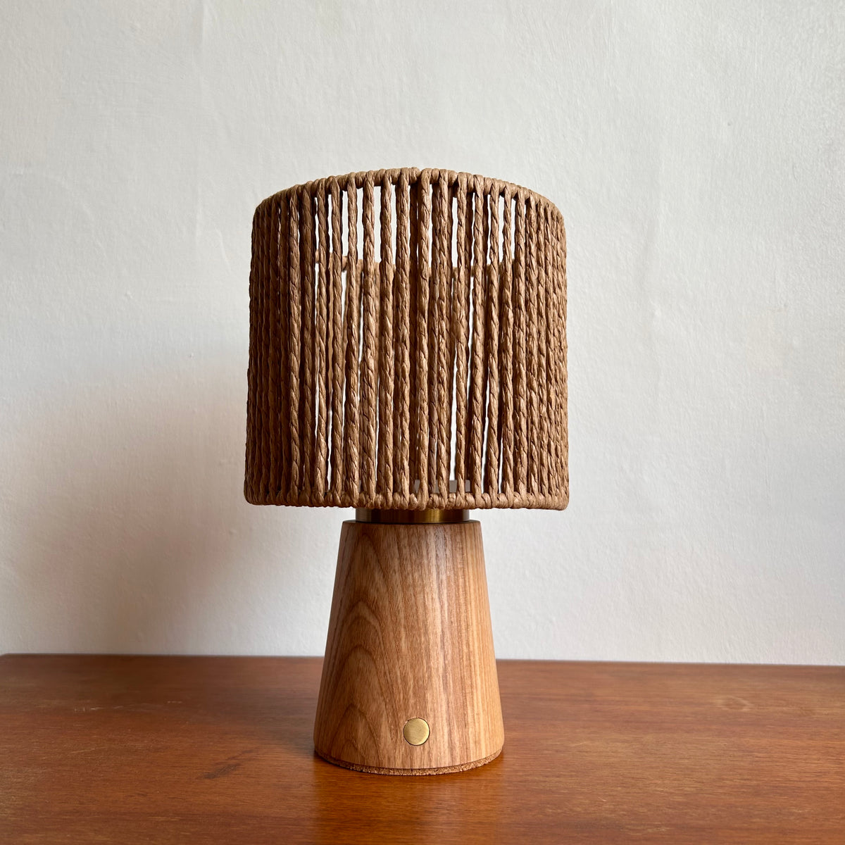 Small Smooth Beech rechargeable touch lamp with Drum Rope shade