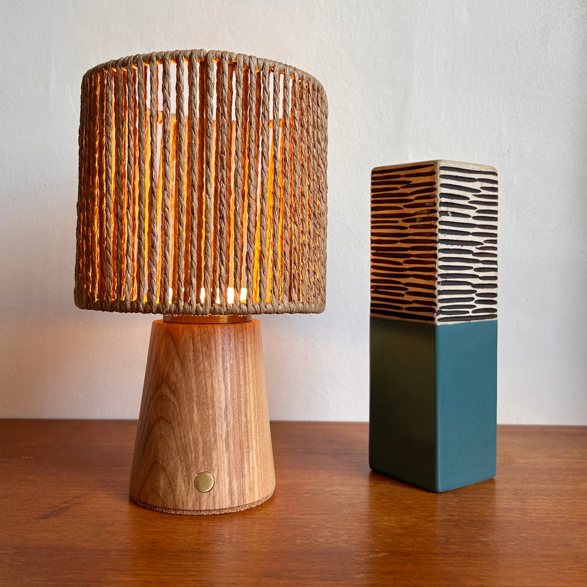 Small Smooth Beech rechargeable touch lamp with Drum Rope shade