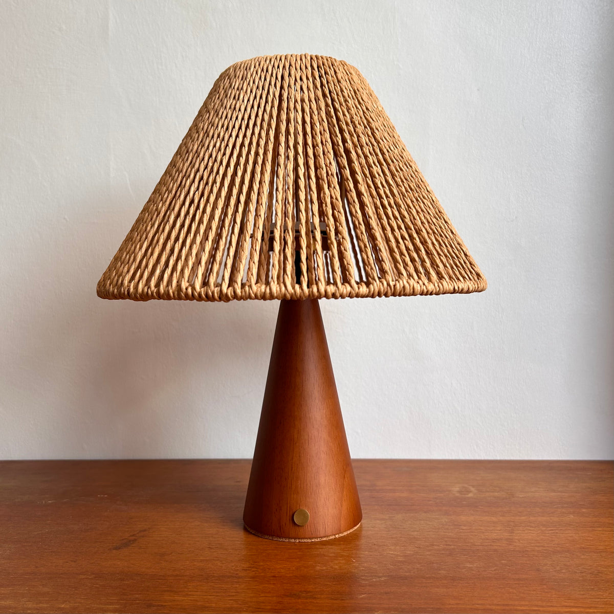 Conical Teak style rechargeable touch lamp with rope shade