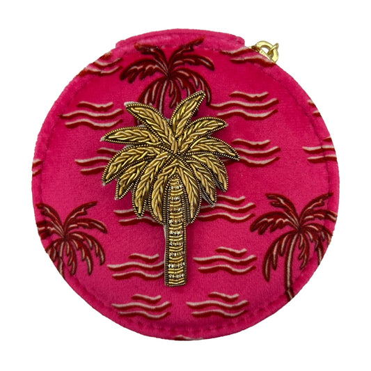 Jewellery travel pot in pink palm print with palm brooch