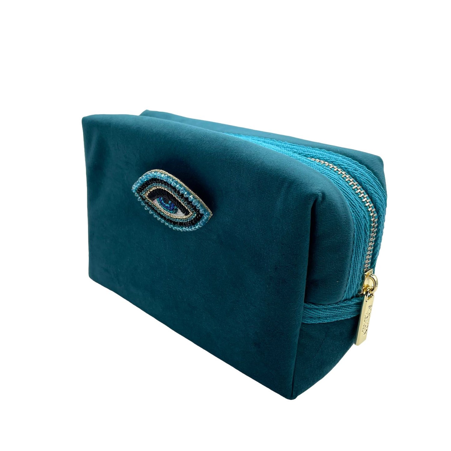 Teal make-up bag & turquoise eye pin - recycled velvet
