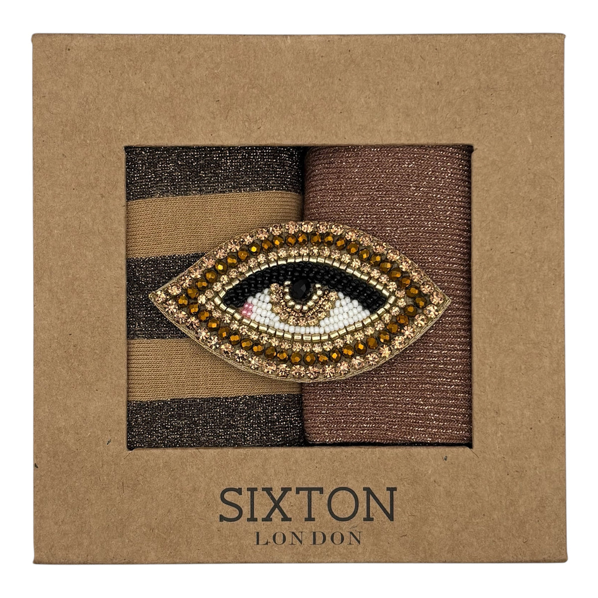 Sand Berlin & Latte Vegas sock box duo with brooch
