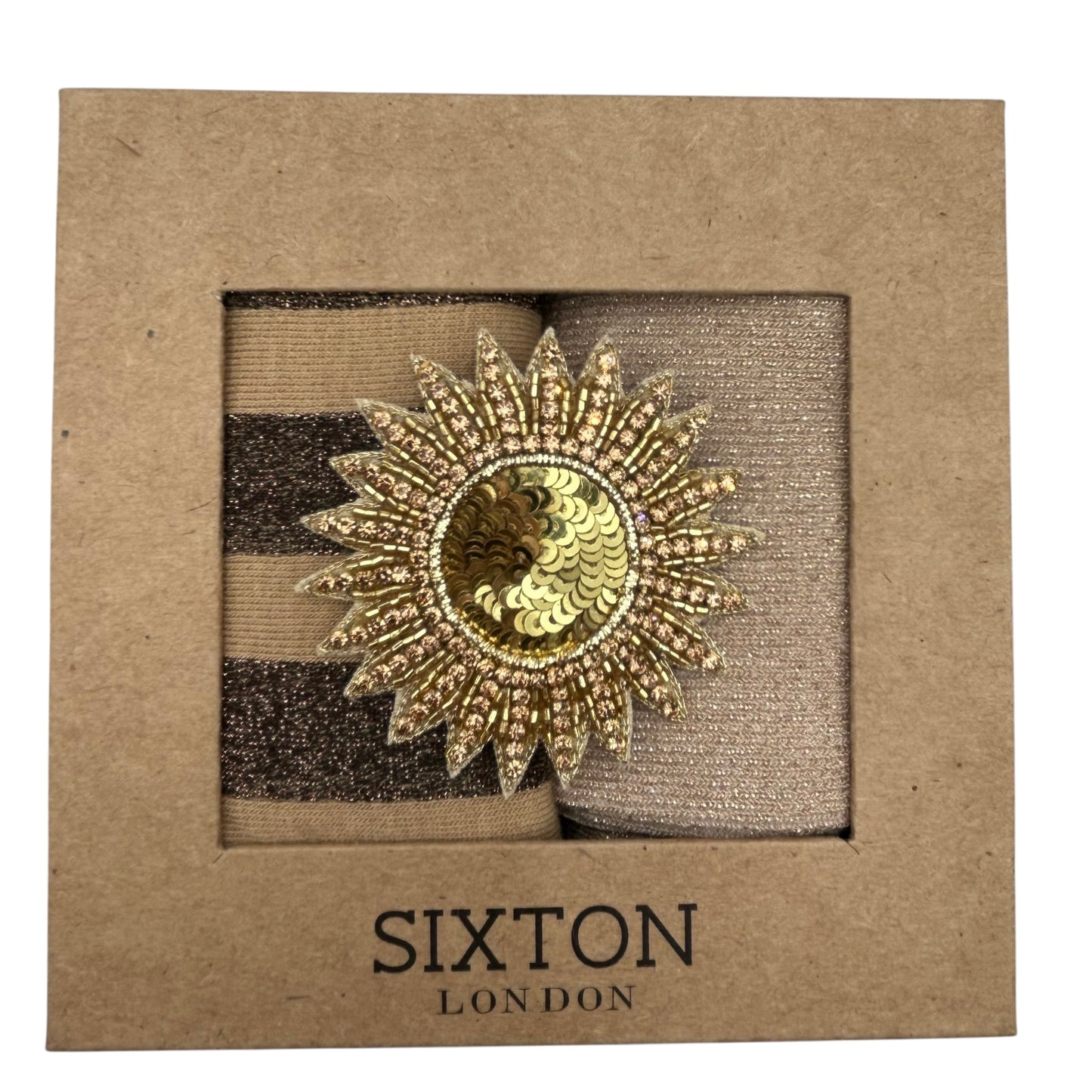 Sand Berlin & Champagne Vegas sock box duo with embroidered brooch