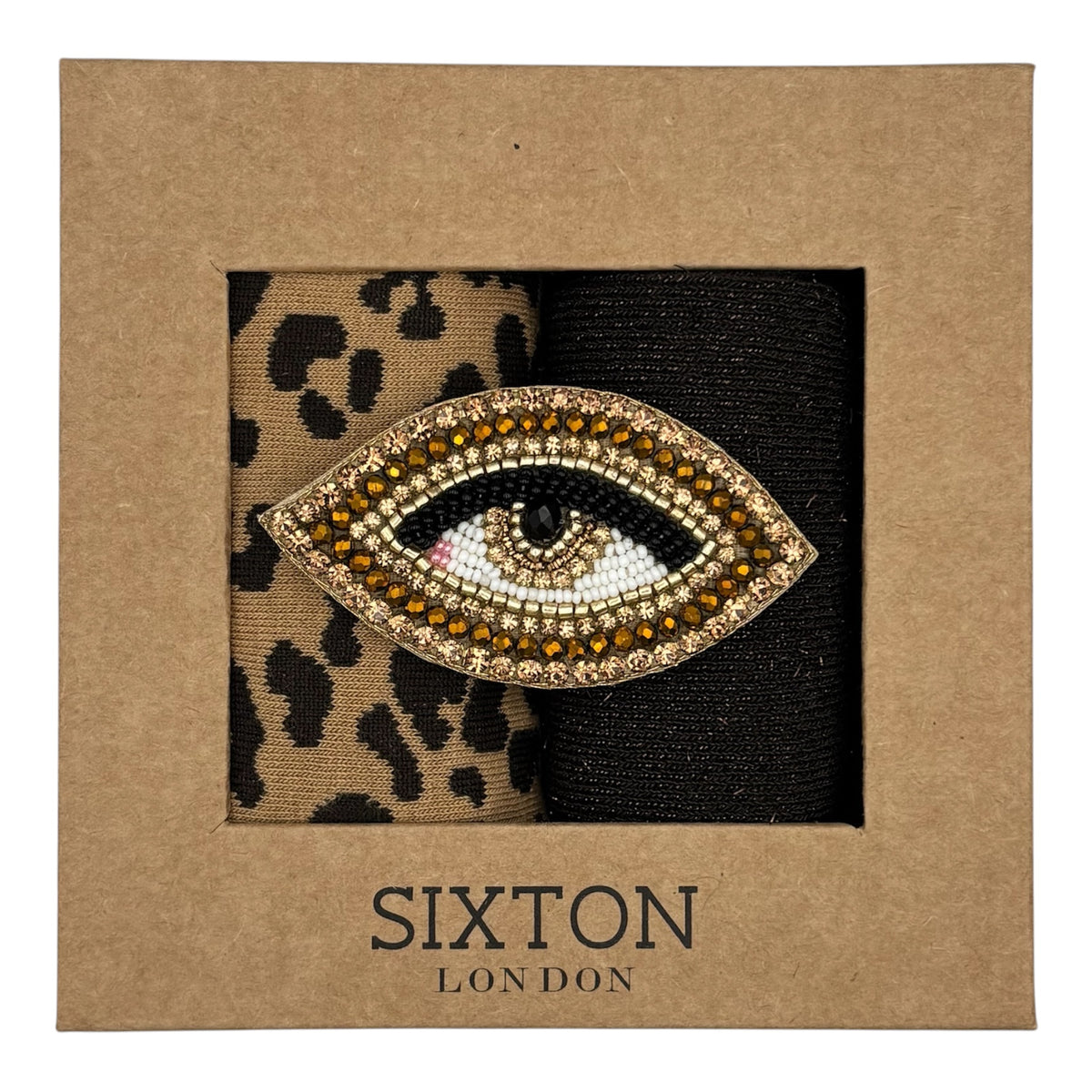 Sand Leopard & Brown Vegas sock box duo with brooch