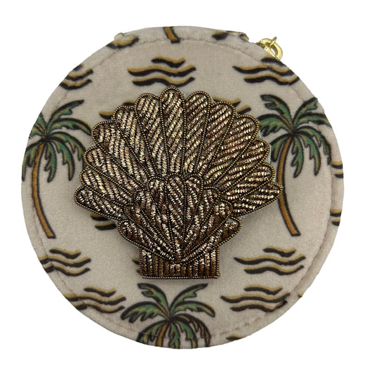 Jewellery travel pot in sand palm print with a gold shell brooch