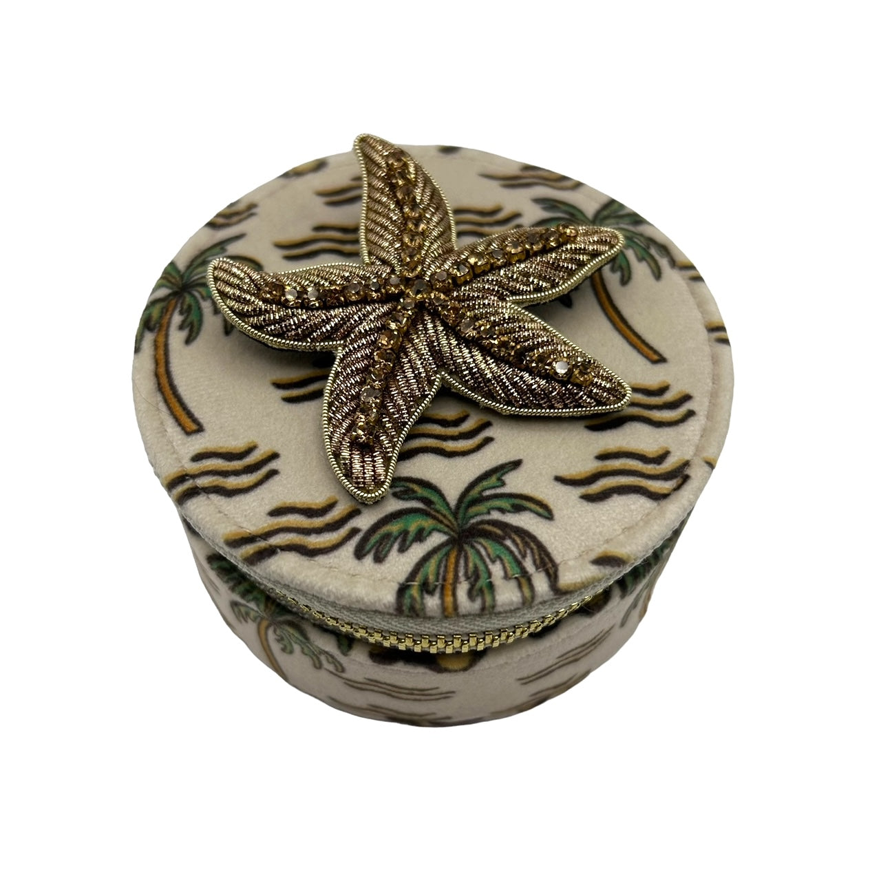 Jewellery travel pot in sand palm print with starfish brooch