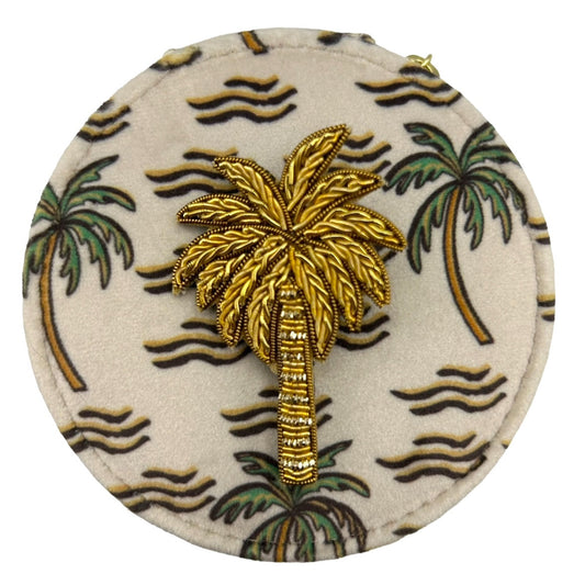 Jewellery travel pot in sand palm print with palm tree brooch