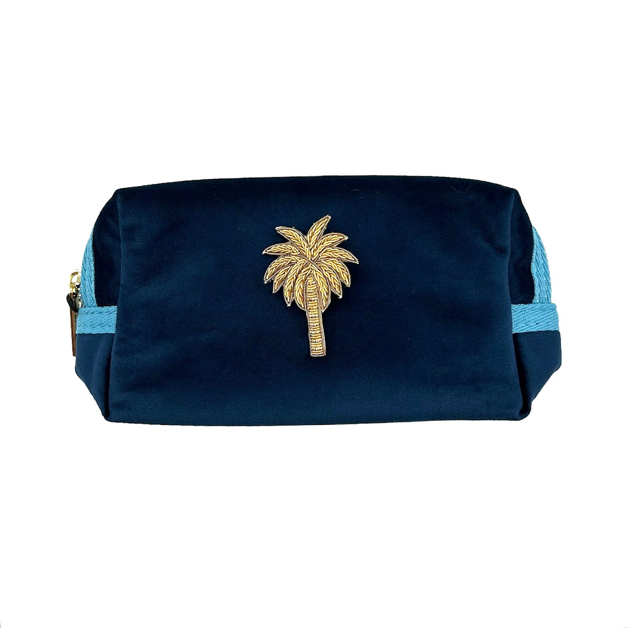 Blue make-up bag & gold palm tree - recycled velvet