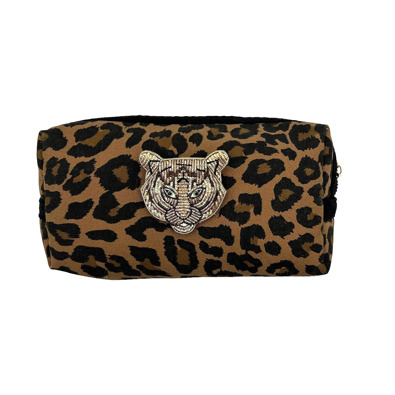 Leopard print make-up bag, large and small, with a  tiger head brooch