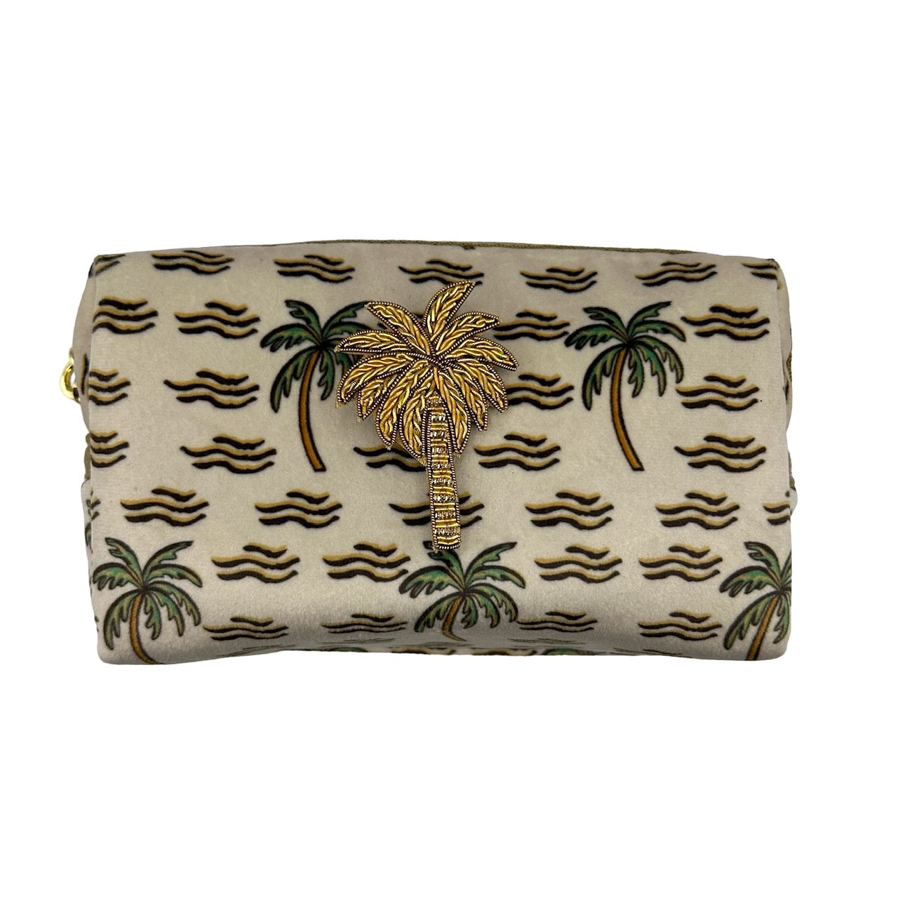 Sand palm large make-up bag & gold palm tree brooch - recycled velvet, large and small